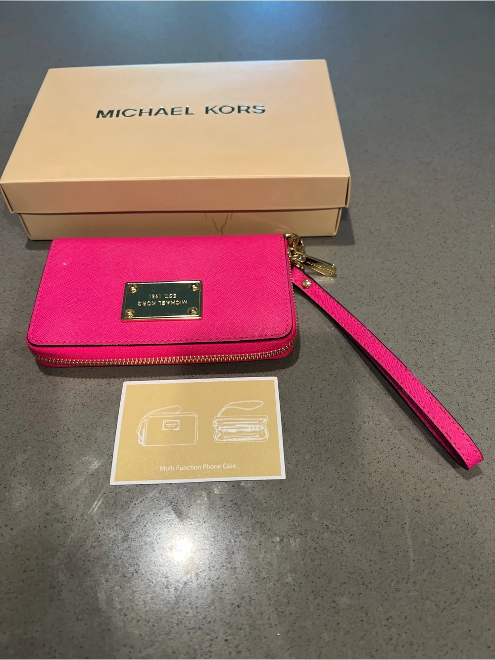 Michael Kors Hot Pink Saffiano Zip Wristlet Phone Case / wallet
